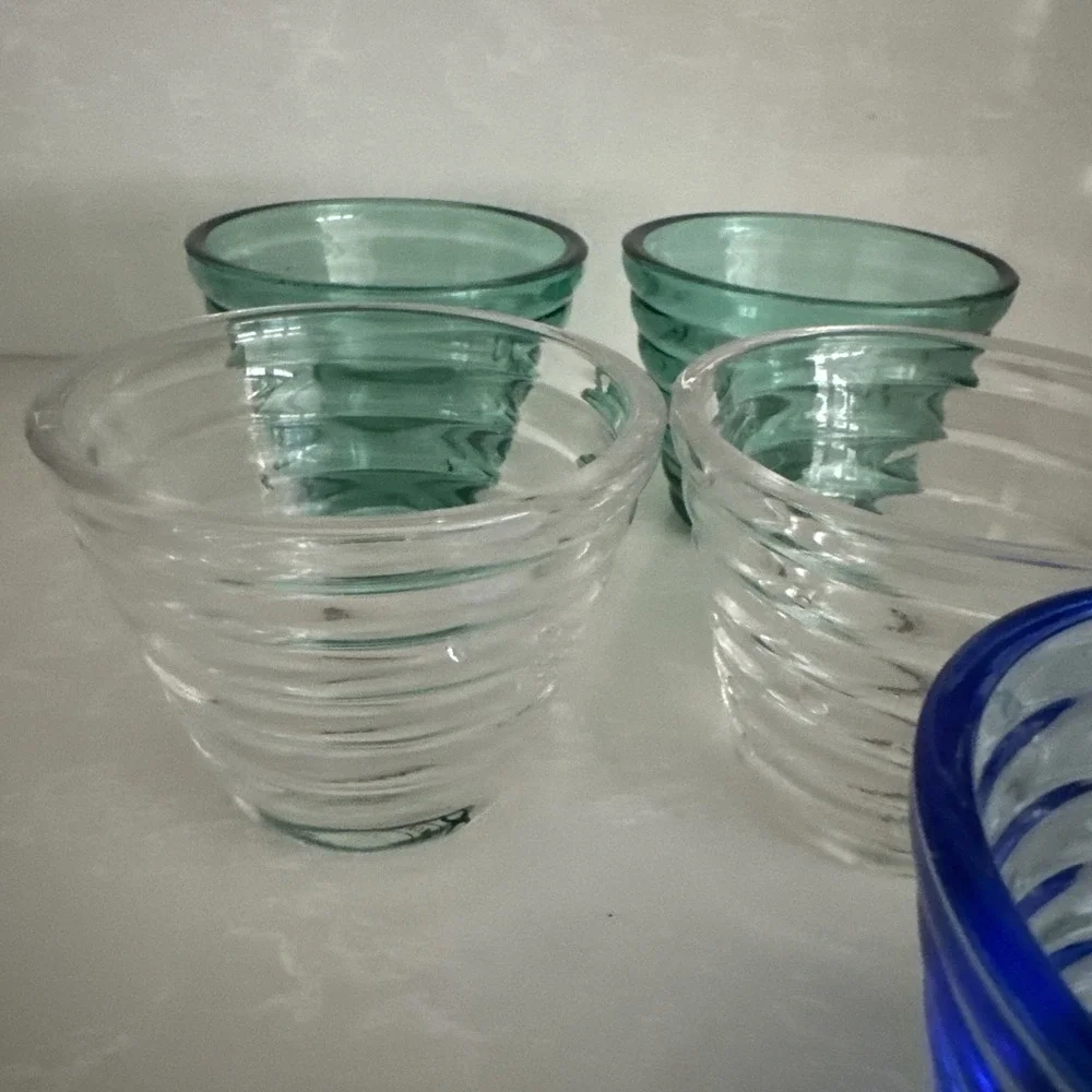 Crate And Barrel Votive Or Tealight  Holder Set Of Six Clear Colbot And Teal